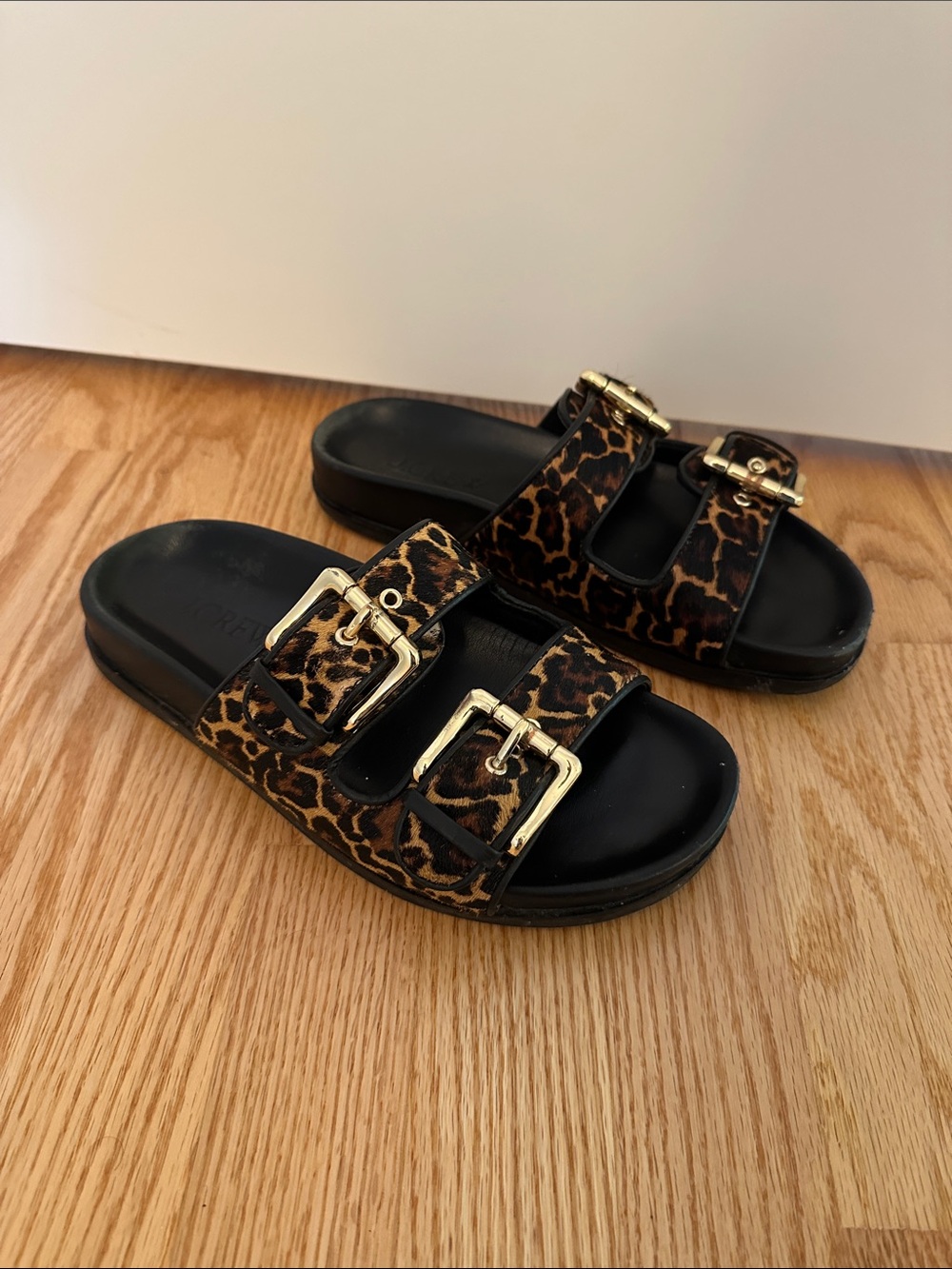 J. Crew Leopard Print Double-Buckle Slide Sandals with Gold Buckles